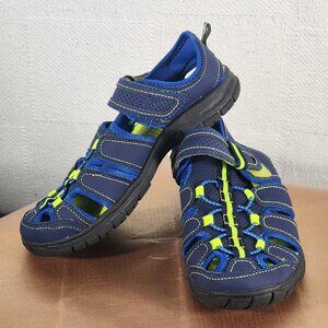 Falls Creek Navy and Lime Green Velcro Strap Closed Toe Bungee Jack Sandals Sz 2